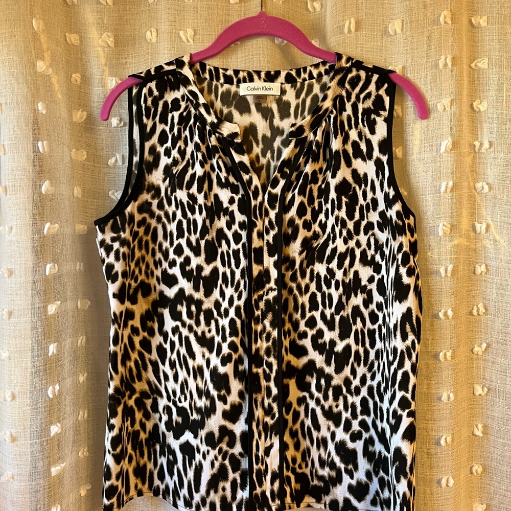 Calvin Klein Leopard Print Sleeveless Blouse - Black and Brown